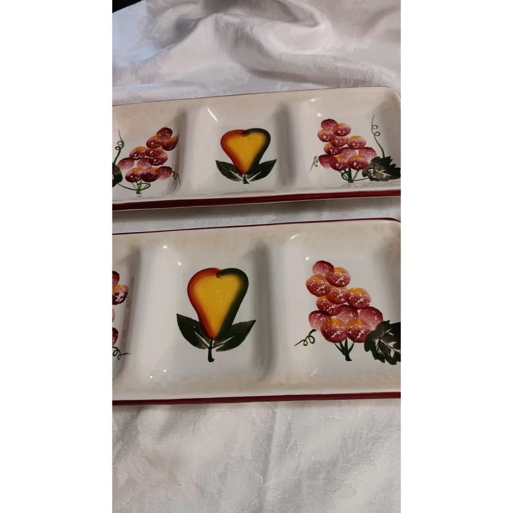 PIER 1 Hand Painted Dolomite Relish Tray Set of 2 Grapes Pear 11.5x5 EUC